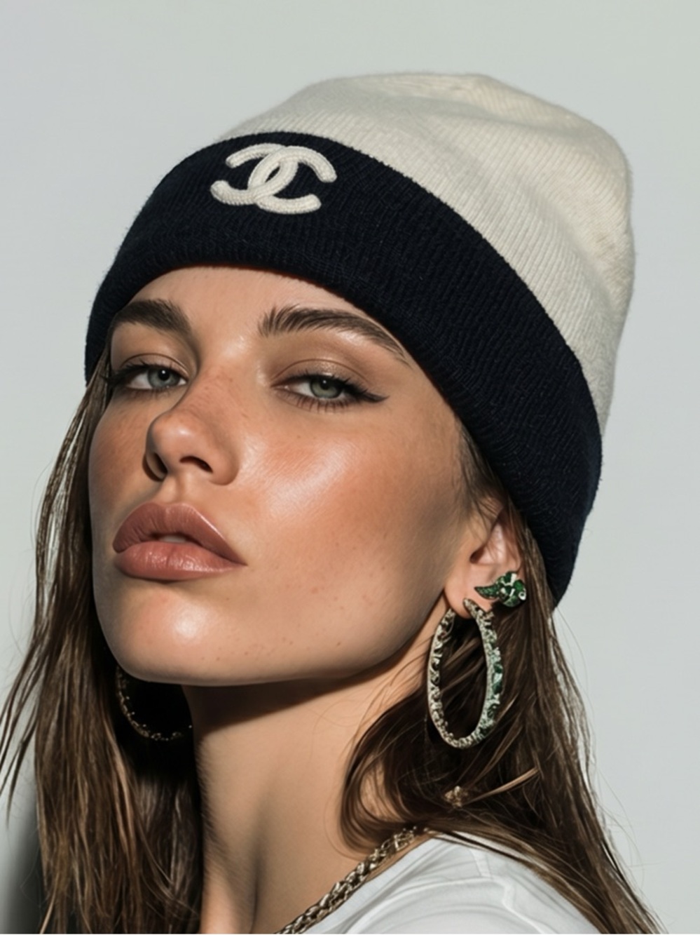 CHANEL Two-Tone CC Logo Beanie - Cream & Black